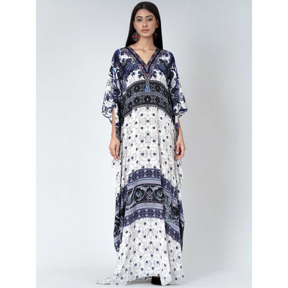 First Resort by Ramola Bachchan White And Blue Porcelain Print Embellished Silk Kaftan