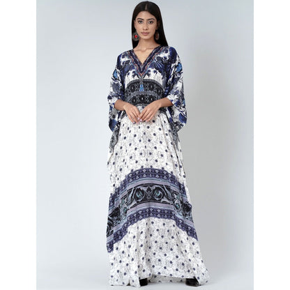 First Resort by Ramola Bachchan White And Blue Porcelain Print Embellished Silk Kaftan