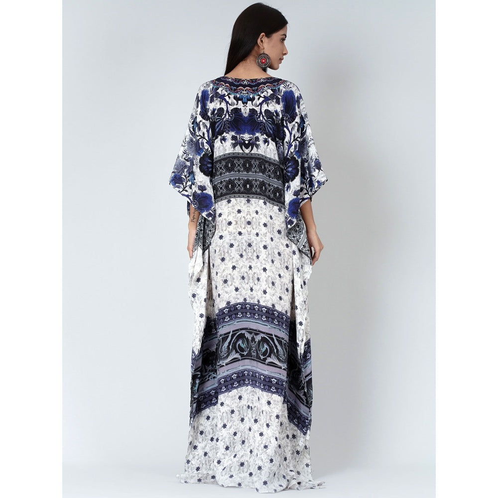 First Resort by Ramola Bachchan White And Blue Porcelain Print Embellished Silk Kaftan