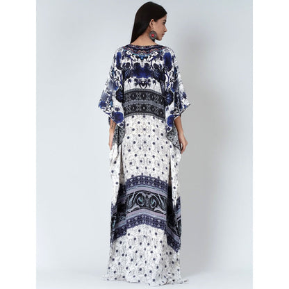 First Resort by Ramola Bachchan White And Blue Porcelain Print Embellished Silk Kaftan