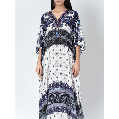 First Resort by Ramola Bachchan White And Blue Porcelain Print Embellished Silk Kaftan