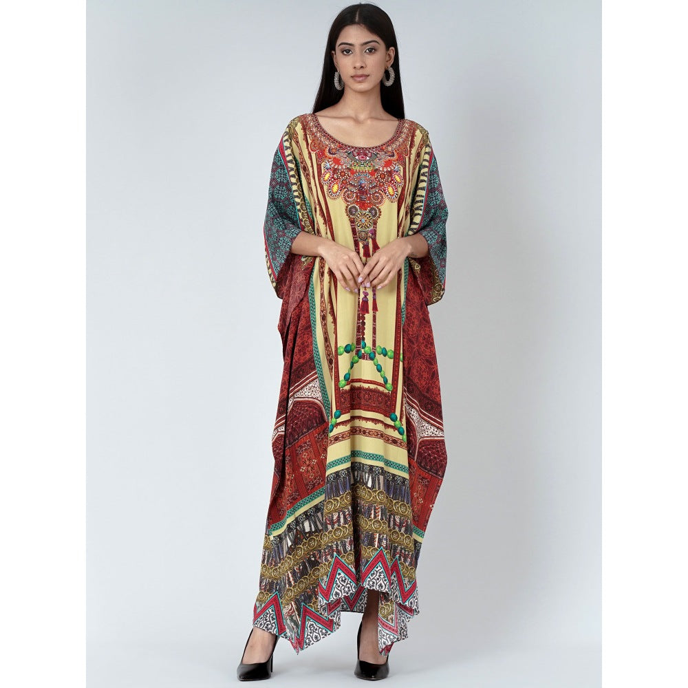 First Resort by Ramola Bachchan Yellow And Brown Tassel Print Embellished Silk Kaftan