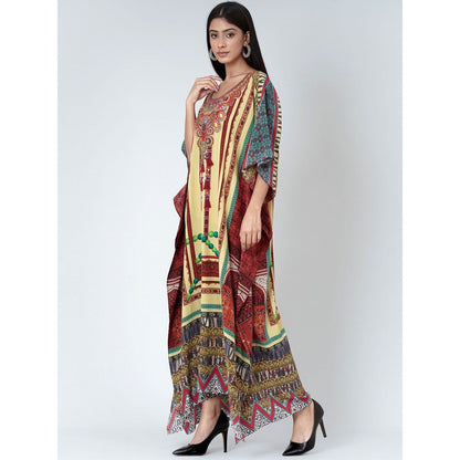 First Resort by Ramola Bachchan Yellow And Brown Tassel Print Embellished Silk Kaftan