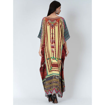 First Resort by Ramola Bachchan Yellow And Brown Tassel Print Embellished Silk Kaftan