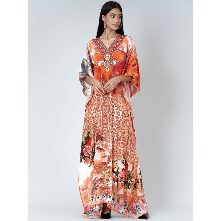 First Resort by Ramola Bachchan Burnt Orange And Brown Animal Print Embellished Silk Kaftan