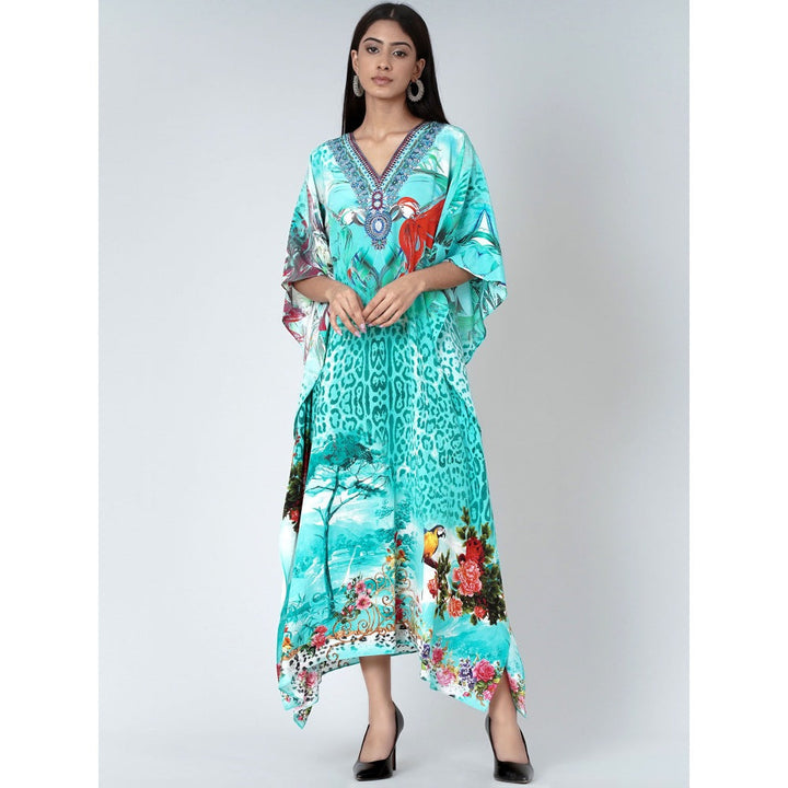 First Resort by Ramola Bachchan Turquoise Animal Print Embellished Silk Full Length Kaftan