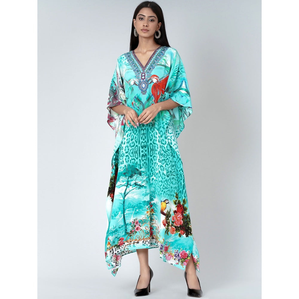 First Resort by Ramola Bachchan Turquoise Animal Print Embellished Silk Full Length Kaftan