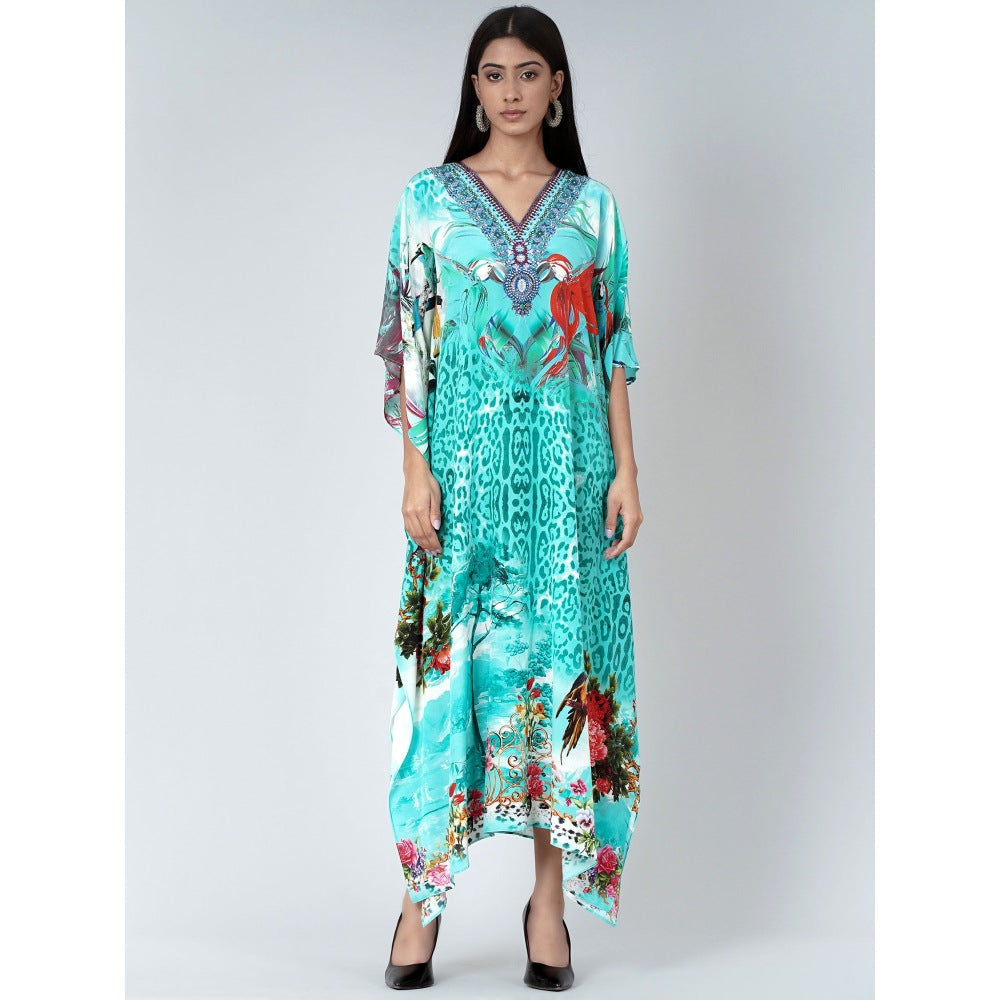 First Resort by Ramola Bachchan Turquoise Animal Print Embellished Silk Full Length Kaftan