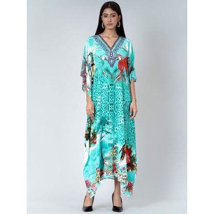 First Resort by Ramola Bachchan Turquoise Animal Print Embellished Silk Full Length Kaftan