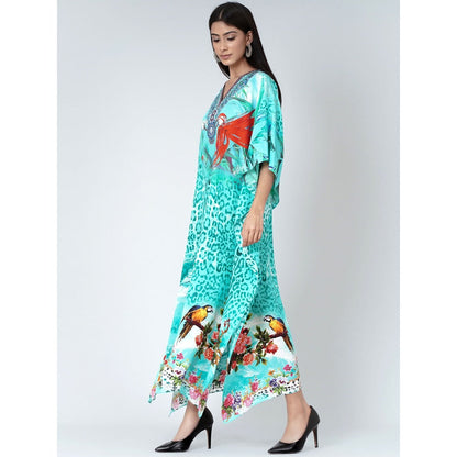 First Resort by Ramola Bachchan Turquoise Animal Print Embellished Silk Full Length Kaftan