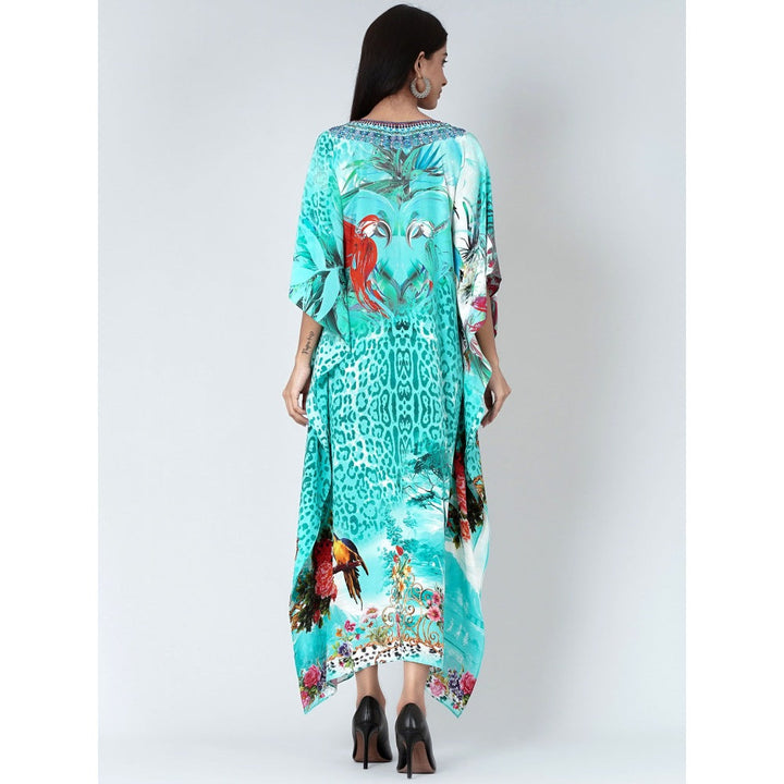 First Resort by Ramola Bachchan Turquoise Animal Print Embellished Silk Full Length Kaftan
