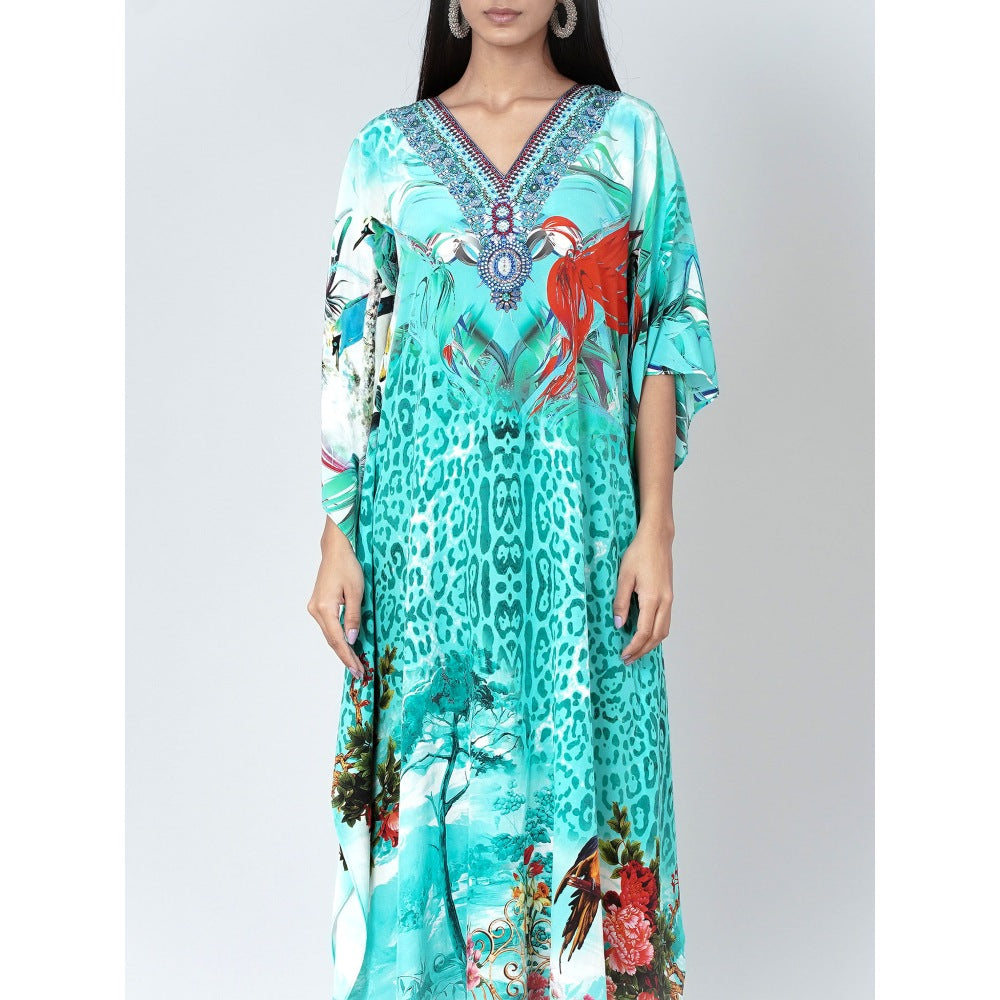 First Resort by Ramola Bachchan Turquoise Animal Print Embellished Silk Full Length Kaftan