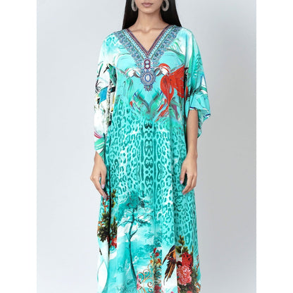 First Resort by Ramola Bachchan Turquoise Animal Print Embellished Silk Full Length Kaftan