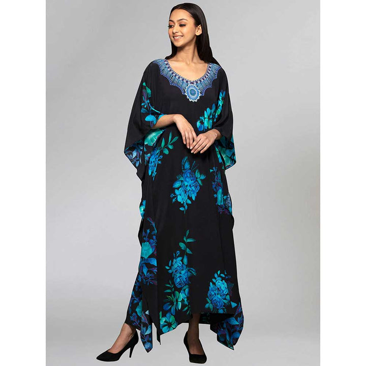 First Resort by Ramola Bachchan Black And Blue Floral Print Embellished Silk Full Length Kaftan