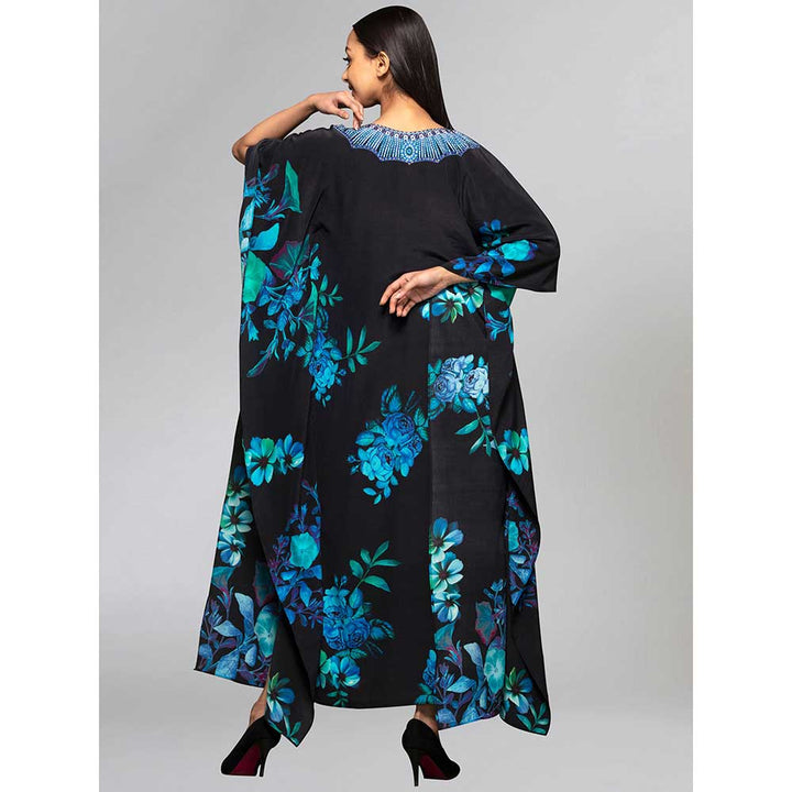 First Resort by Ramola Bachchan Black And Blue Floral Print Embellished Silk Full Length Kaftan