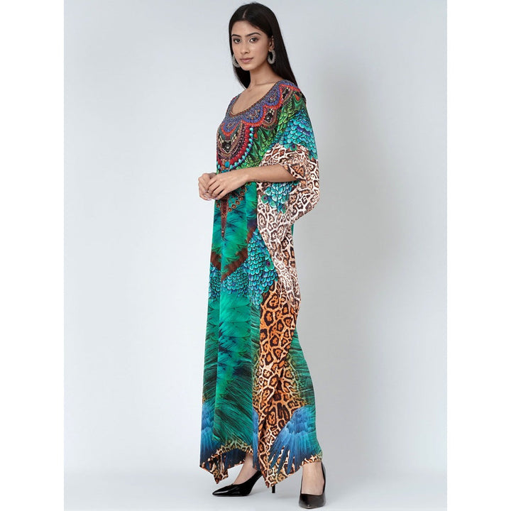First Resort by Ramola Bachchan Green Tribal Print Embellished Silk Full Length Kaftan