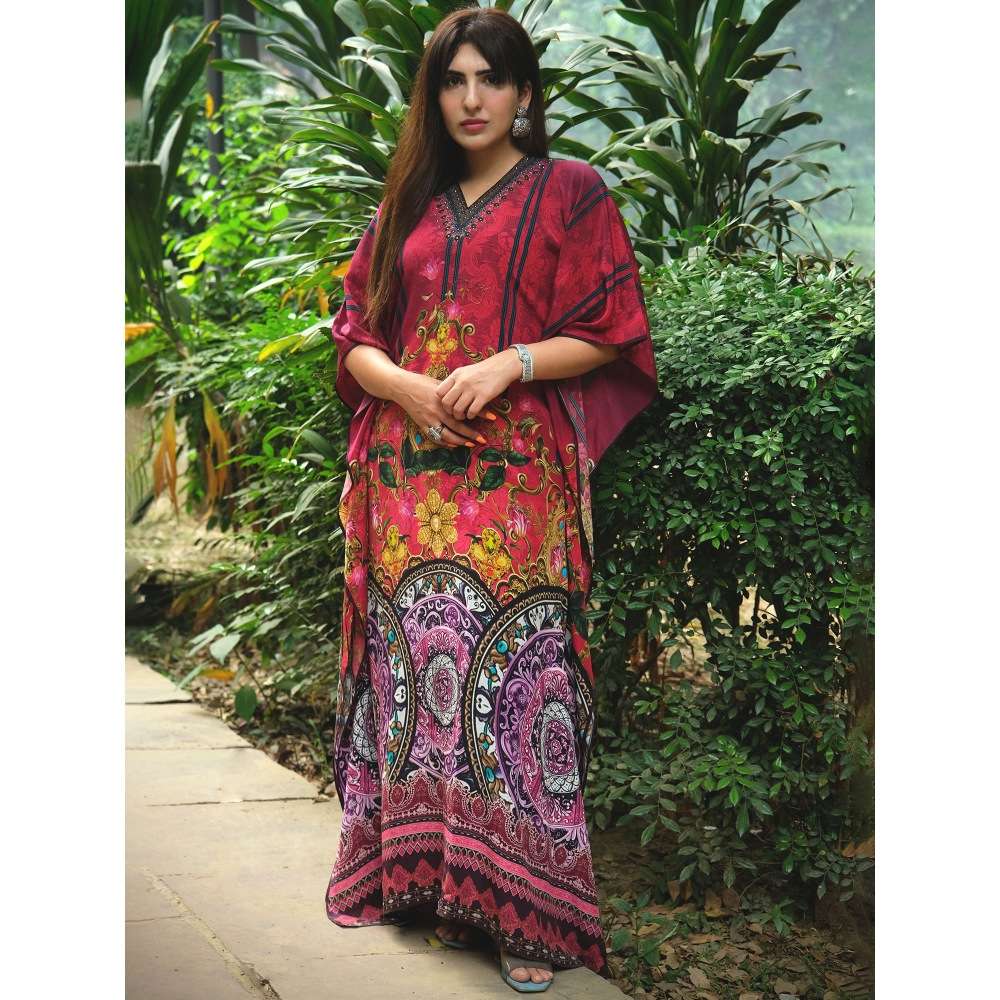 First Resort by Ramola Bachchan Pink And Black Baroque Print Embellished Silk Kaftan