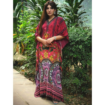 First Resort by Ramola Bachchan Pink And Black Baroque Print Embellished Silk Kaftan