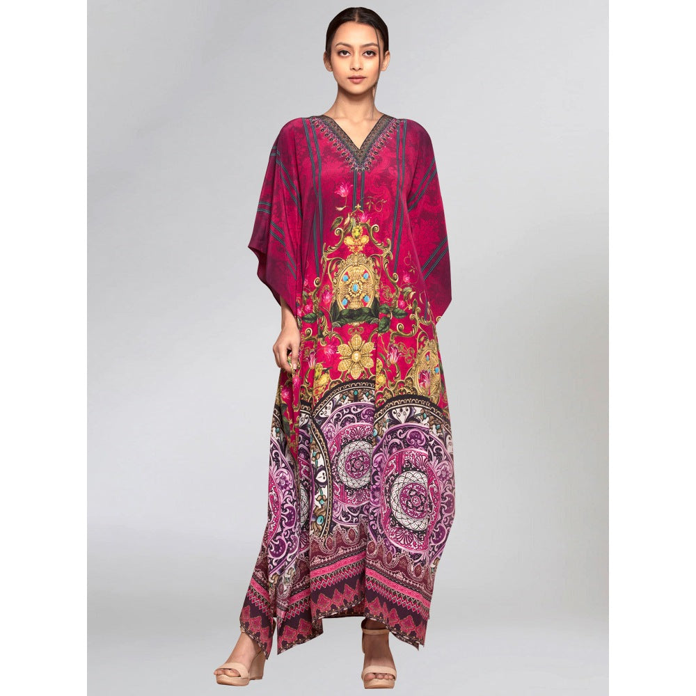 First Resort by Ramola Bachchan Pink And Black Baroque Print Embellished Silk Kaftan