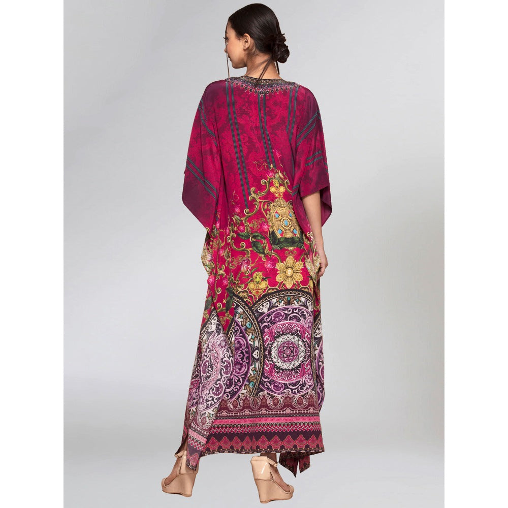 First Resort by Ramola Bachchan Pink And Black Baroque Print Embellished Silk Kaftan