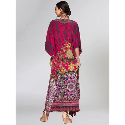 First Resort by Ramola Bachchan Pink And Black Baroque Print Embellished Silk Kaftan