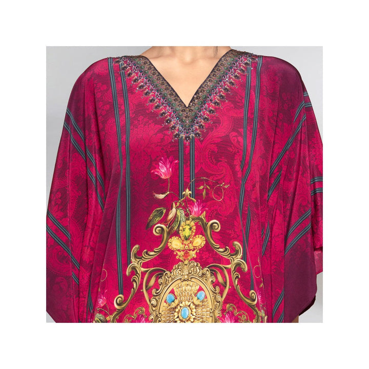 First Resort by Ramola Bachchan Pink And Black Baroque Print Embellished Silk Kaftan