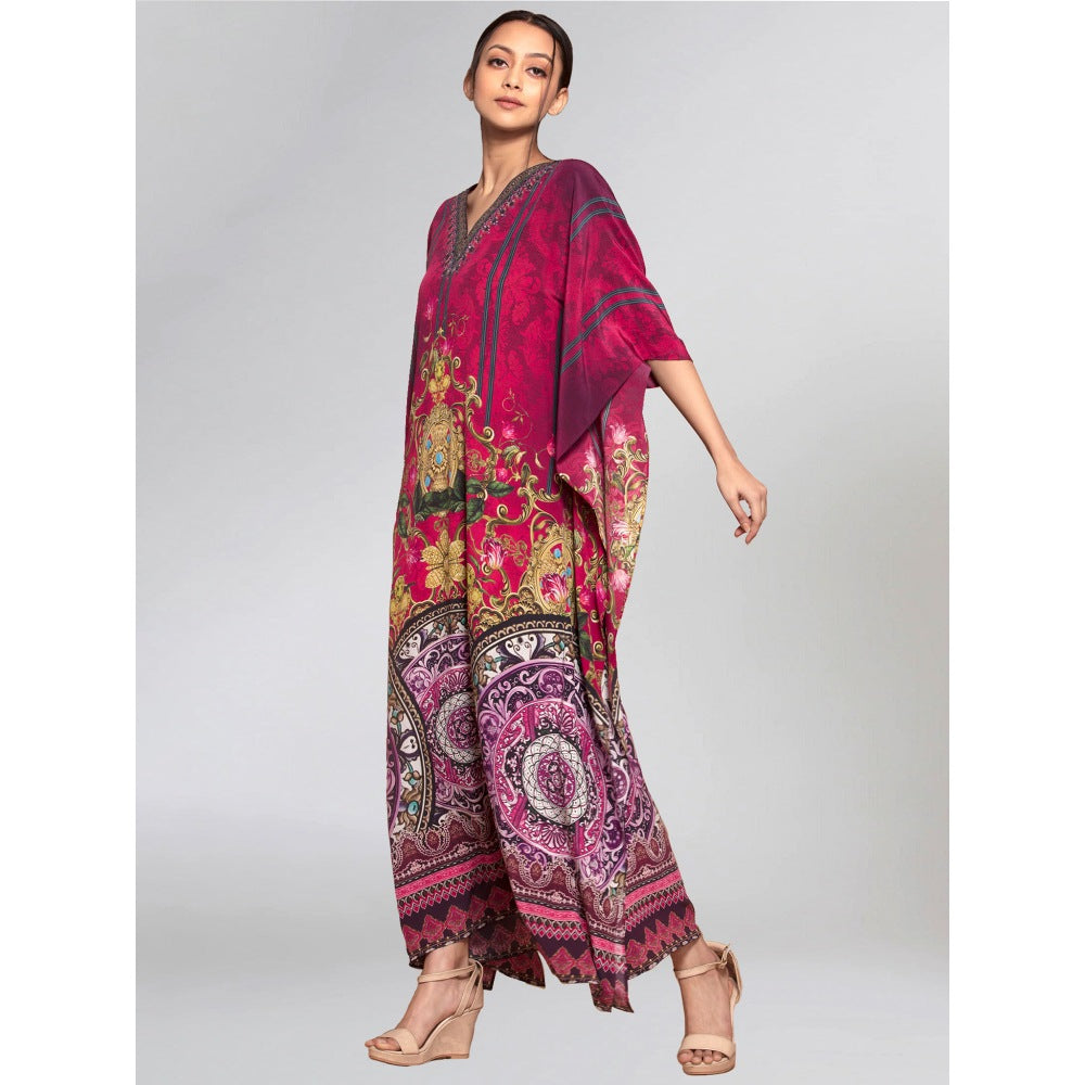 First Resort by Ramola Bachchan Pink And Black Baroque Print Embellished Silk Kaftan
