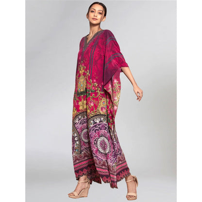 First Resort by Ramola Bachchan Pink And Black Baroque Print Embellished Silk Kaftan