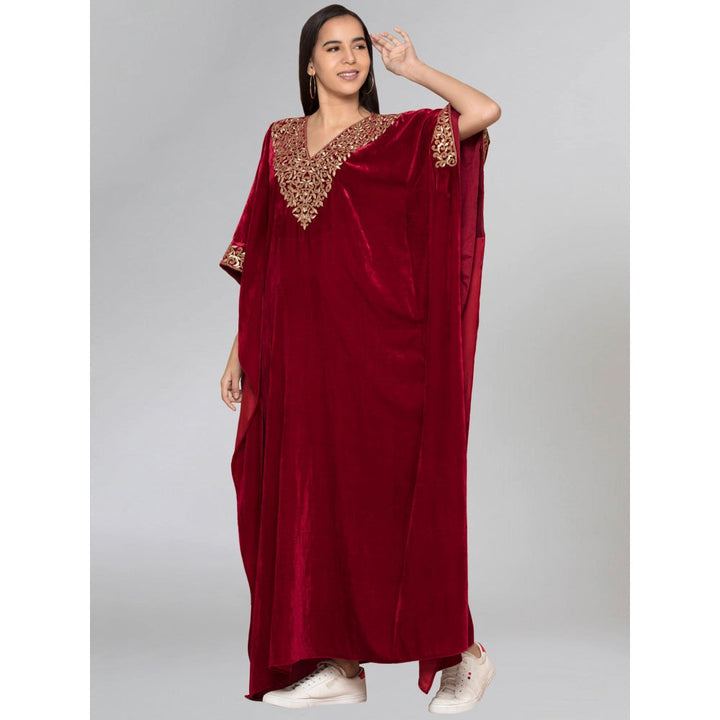 First Resort by Ramola Bachchan Red Embroidered Full Length Kaftan