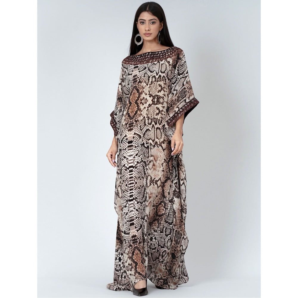 First Resort by Ramola Bachchan Brown Animal Print Embroidered Full Length Kaftan