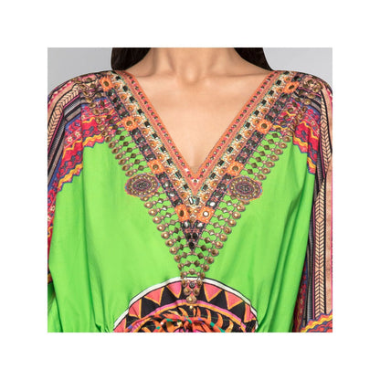 First Resort by Ramola Bachchan Green Tribal Embellished Mid Length Kaftan