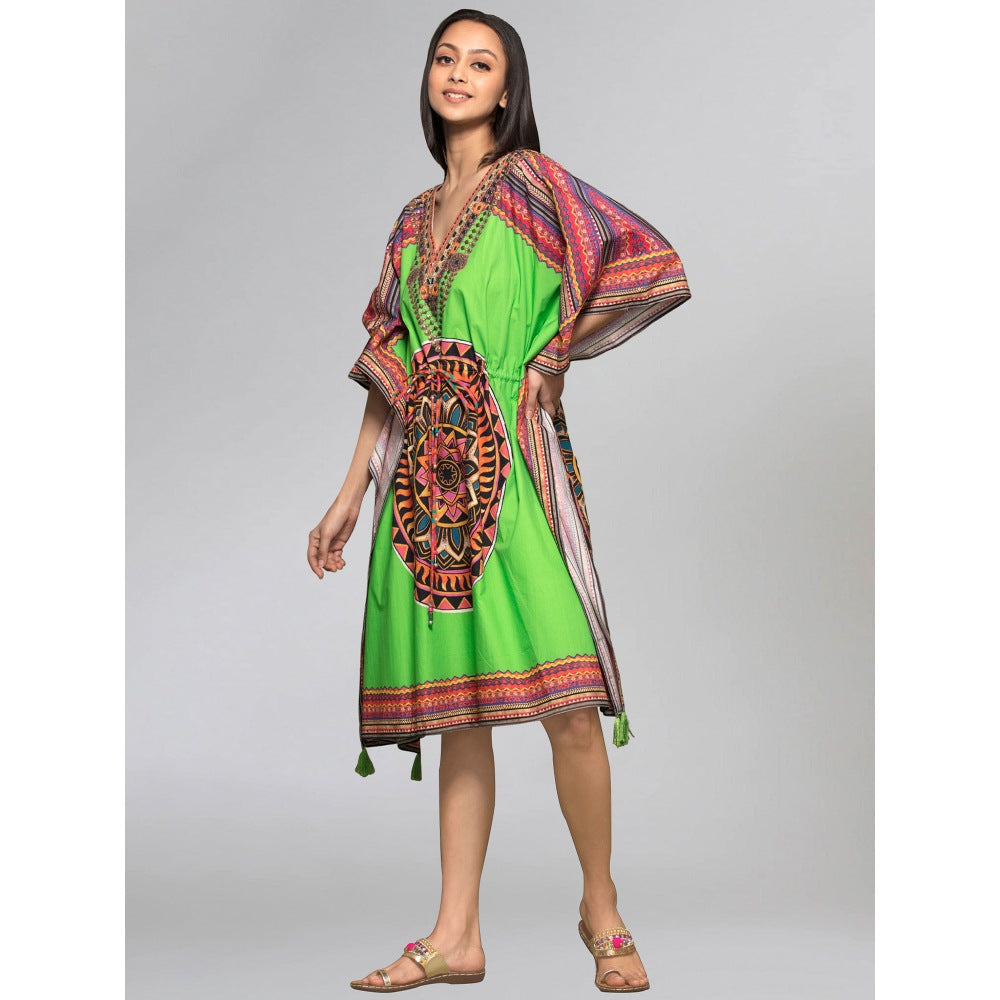 First Resort by Ramola Bachchan Green Tribal Embellished Mid Length Kaftan