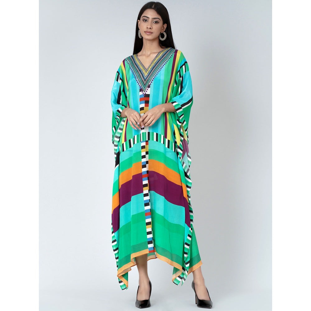 First Resort by Ramola Bachchan Blue and Green Geometric Mid Length Kaftan