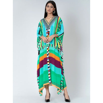 First Resort by Ramola Bachchan Blue and Green Geometric Mid Length Kaftan