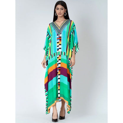 First Resort by Ramola Bachchan Blue and Green Geometric Mid Length Kaftan