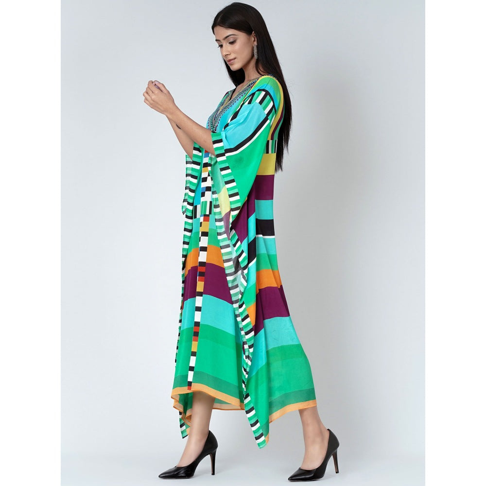 First Resort by Ramola Bachchan Blue and Green Geometric Mid Length Kaftan