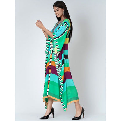 First Resort by Ramola Bachchan Blue and Green Geometric Mid Length Kaftan