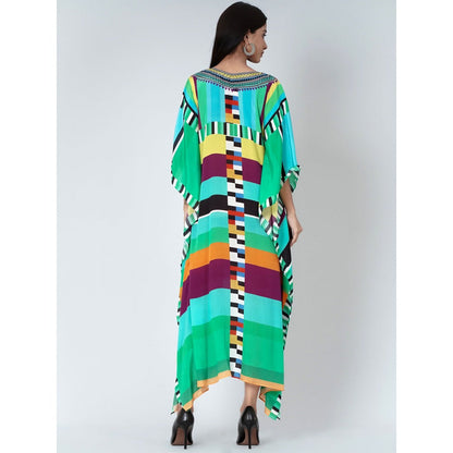 First Resort by Ramola Bachchan Blue and Green Geometric Mid Length Kaftan