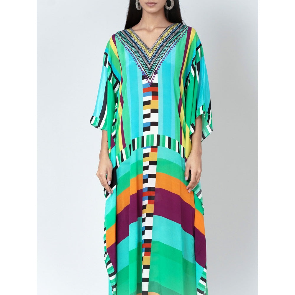First Resort by Ramola Bachchan Blue and Green Geometric Mid Length Kaftan