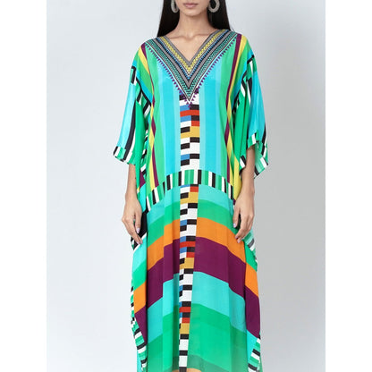 First Resort by Ramola Bachchan Blue and Green Geometric Mid Length Kaftan
