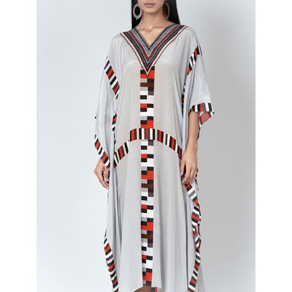 First Resort by Ramola Bachchan Grey Geometric Mid Length Kaftan