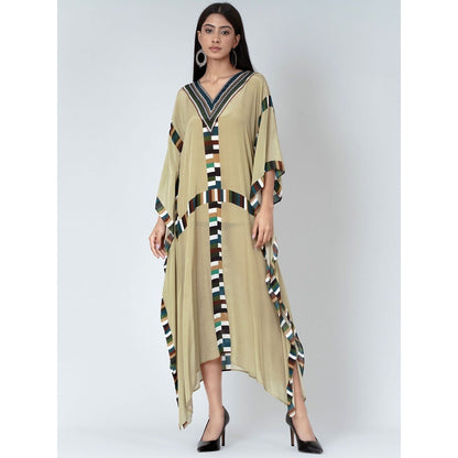 First Resort by Ramola Bachchan Olive Green Geometric Mid Length Kaftan