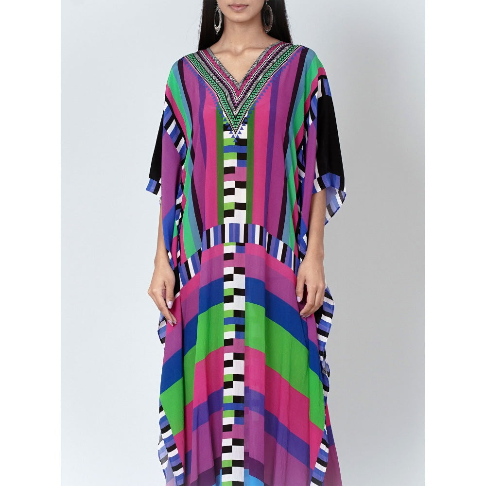 First Resort by Ramola Bachchan Purple And Green Geometric Mid Length Kaftan