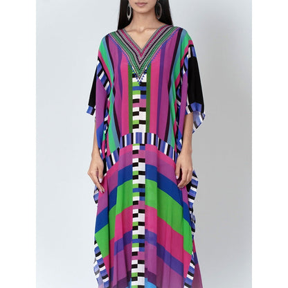 First Resort by Ramola Bachchan Purple And Green Geometric Mid Length Kaftan