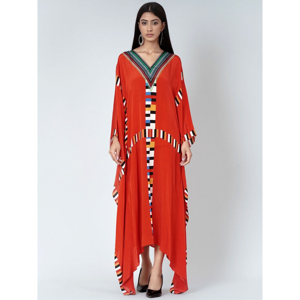 First Resort by Ramola Bachchan Red Geometric Mid Length Kaftan
