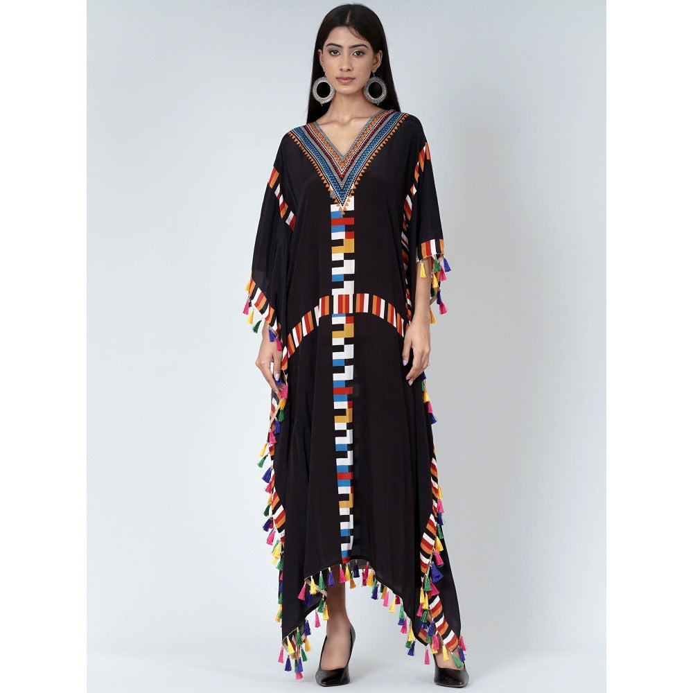 First Resort by Ramola Bachchan Black Geometric Mid Length Kaftan With Lace