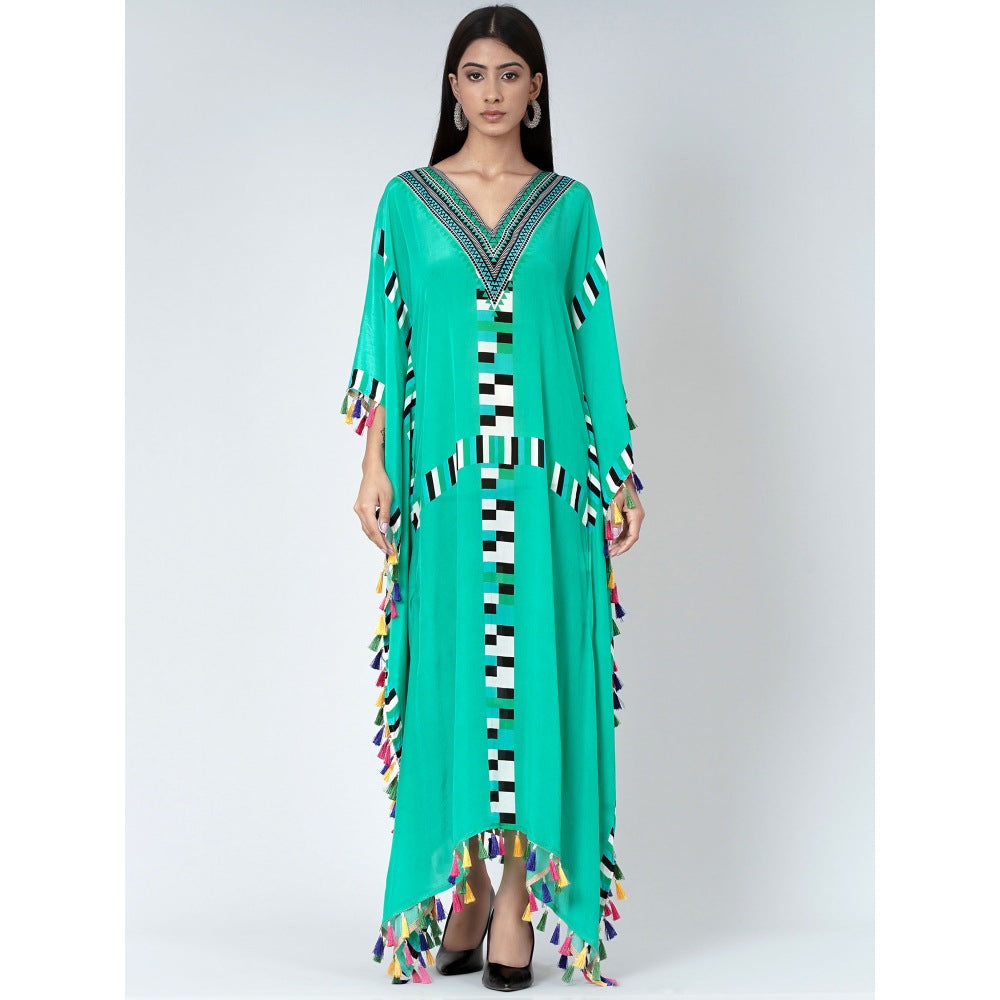 First Resort by Ramola Bachchan Green Geometric Mid Length Kaftan With Lace