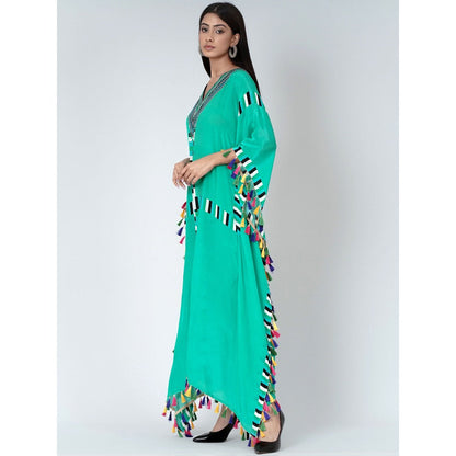 First Resort by Ramola Bachchan Green Geometric Mid Length Kaftan With Lace