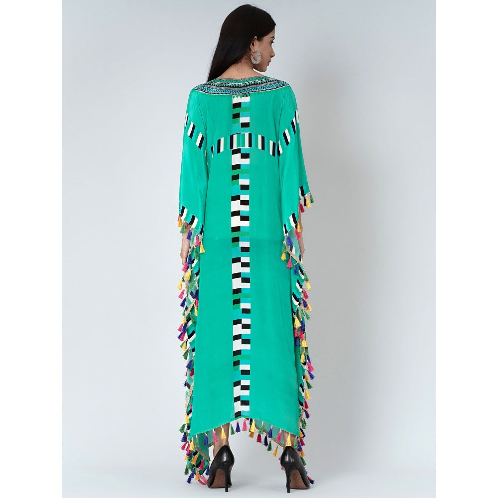 First Resort by Ramola Bachchan Green Geometric Mid Length Kaftan With Lace
