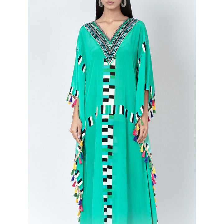 First Resort by Ramola Bachchan Green Geometric Mid Length Kaftan With Lace